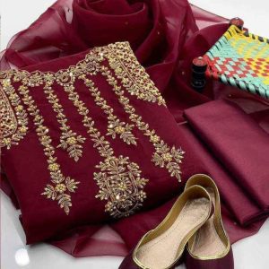 4 Pcs Organza Zarri Beads Handwork Shirt Organza Dupata Qattan Silk Trouser With Khussa