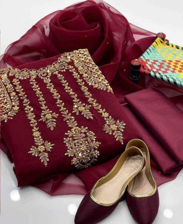 4 Pcs Organza Zarri Beads Handwork Shirt Organza Dupata Qattan Silk Trouser With Khussa