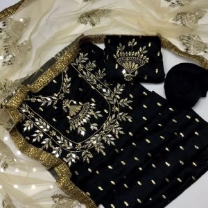 Krinkal Chiffon Embroidery And Mirror Work Shirt Qattan Silk Trouser Net Mirror Work Dupata